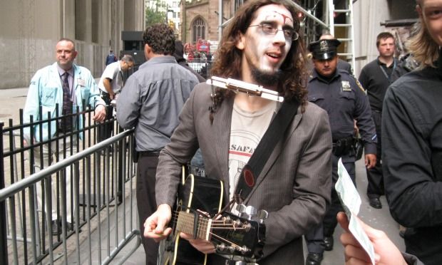 Gio Andollo, who performs as Gio Safari, at Occupy Wall Street on Monday.